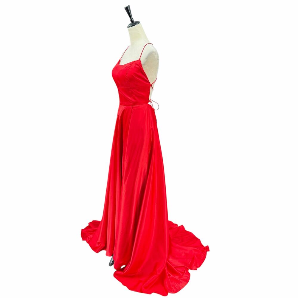 Sherri Hill Red Satin Strappy Lace Up Back Valentines A-Line Formal Prom Dress - Picture 5 of 13